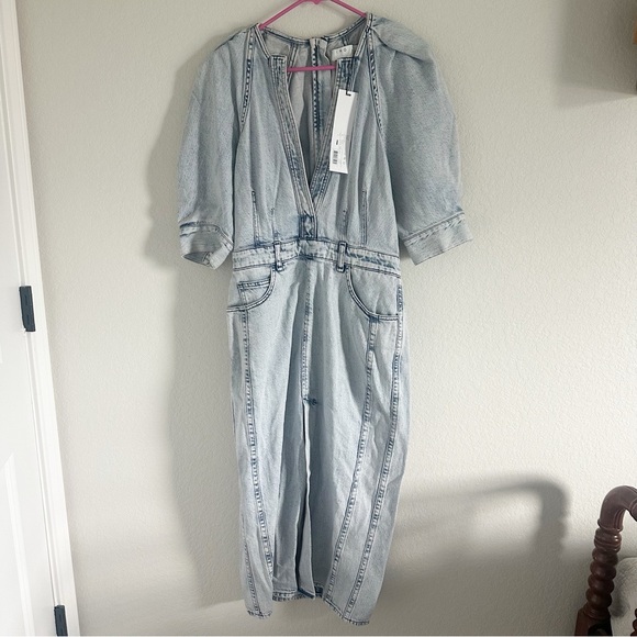 NWT IRO Alysu Denim Midi Dress Puff Sleeve V Neck Pockets Sz 40 L US 8 - Picture 5 of 10